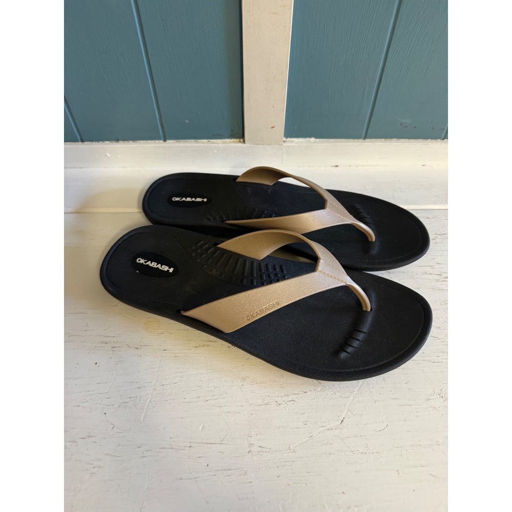 Okabashi Shoreline Flip Flops Womens Size Large 8-9 Black Gold Thong Sandals